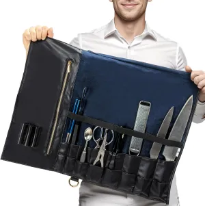 Knife Roll, Durable Waxed Canvas Chef Bag - 16 Total Slots for Knives & Kitchen Tools, A Large Zipper Pocket for Cutlery, Blades Case, Portable Pouch with an Adjustable Shoulder Strap