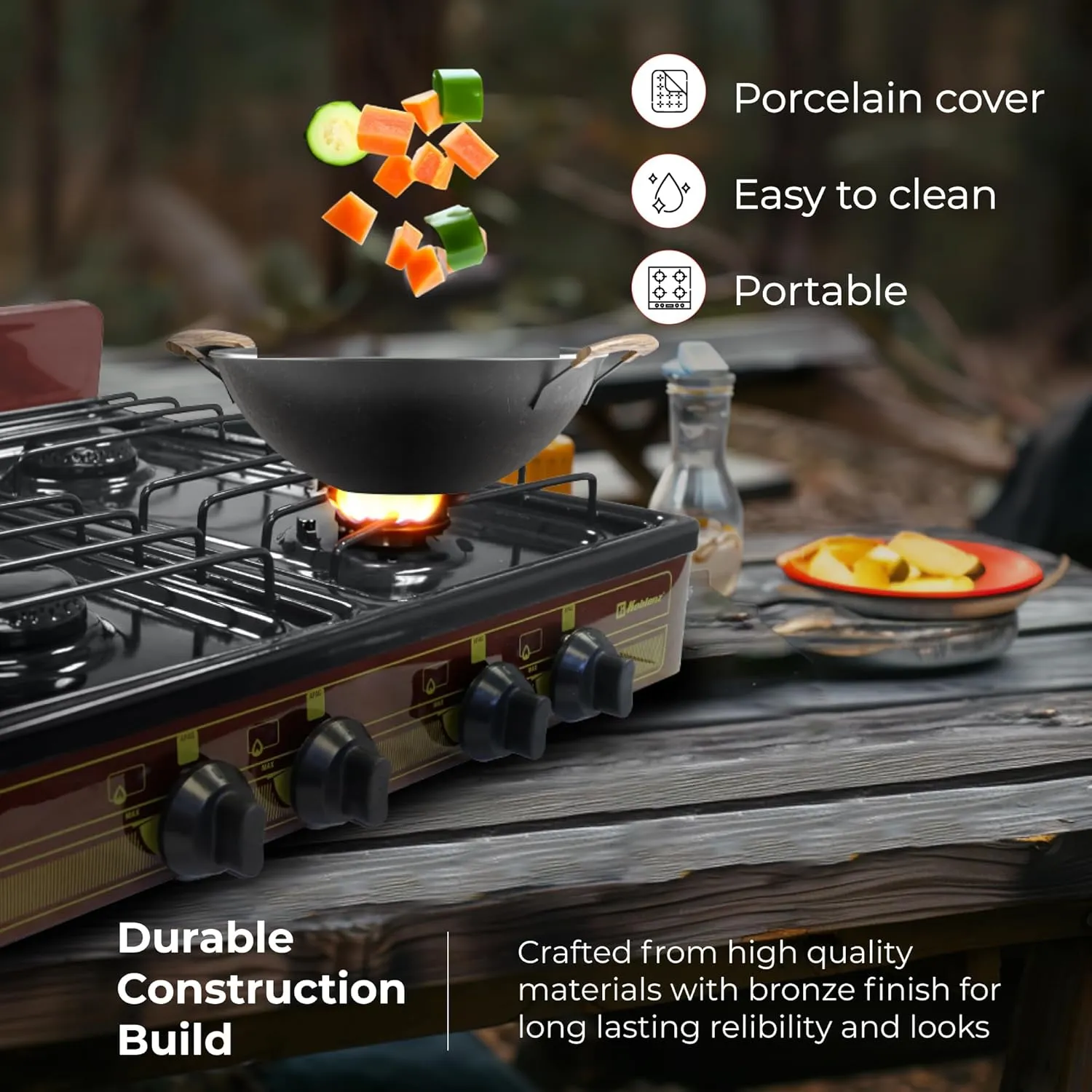 Koblenz Victoria 4-Burner Gas Stove, Portable, Porcelain Cover and Four 16,000 BTU Burners, Bronze Stove For Propane Gas, 20.8" x 24.6" x 5.12", Perfect for Outdoors and Camping, PFK 400A