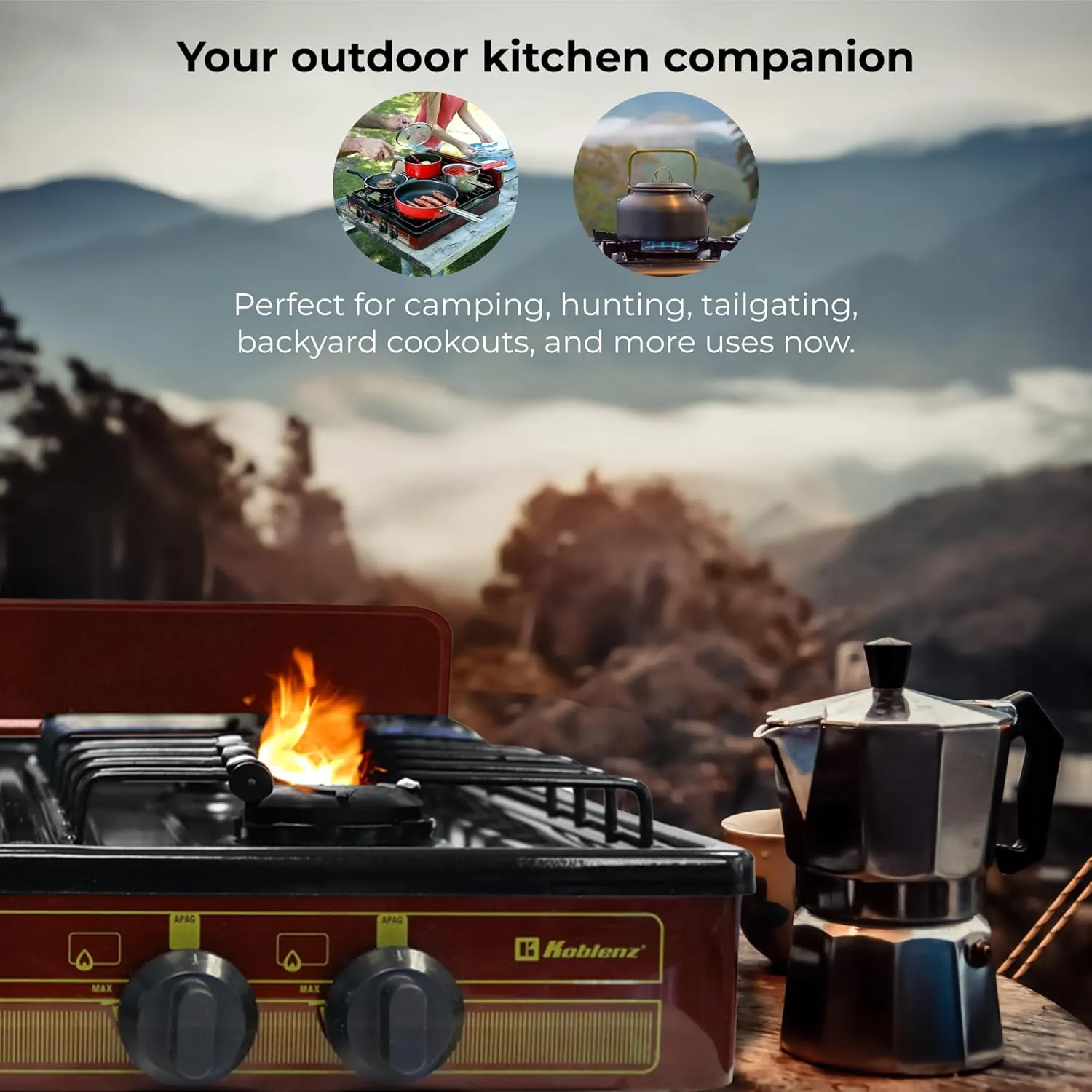 Koblenz Victoria 4-Burner Gas Stove, Portable, Porcelain Cover and Four 16,000 BTU Burners, Bronze Stove For Propane Gas, 20.8" x 24.6" x 5.12", Perfect for Outdoors and Camping, PFK 400A