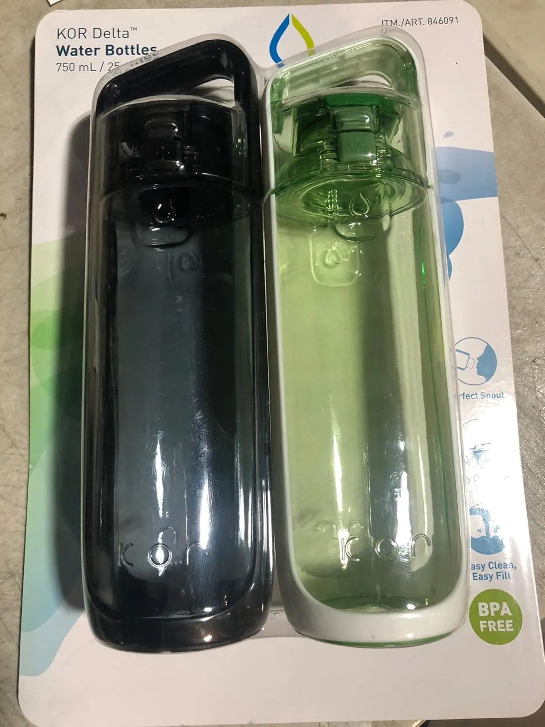 KOR Delta BPA Free Water Bottle, 750ml, 2 PACK, Green/Black