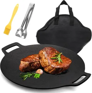 Korean BBQ Grill - Nonstick 12 Inch Round Griddle Pan with Bag, 6 Layer Coating, Cast Iron for Stove Top, Induction, Outdoor Camping, Tawa Roti Pan
