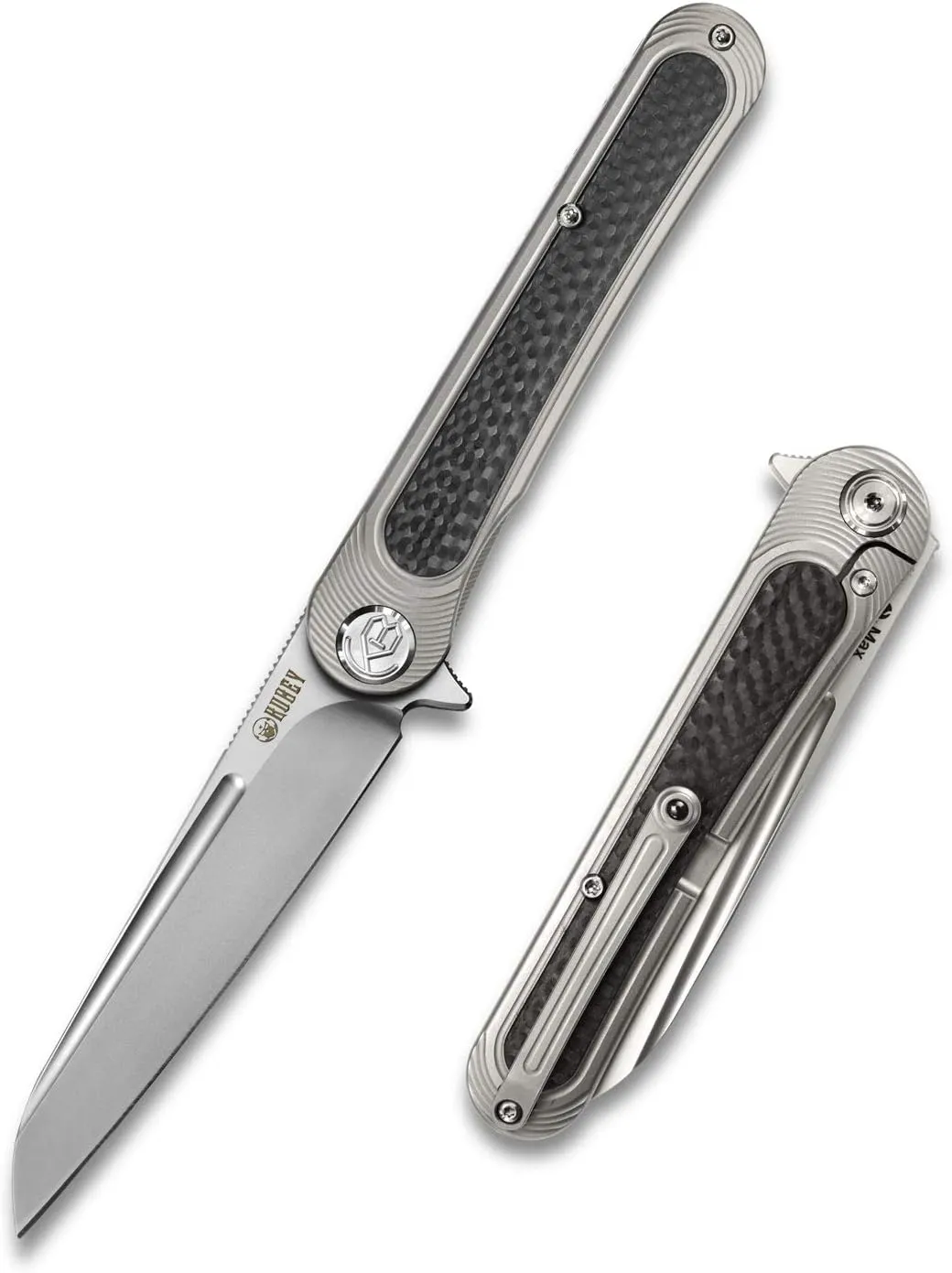 KUBEY Dandy KU247 Outdoor Folding Knife 3.94in Sheepsfoot S30V S.S Blade and Titanium Inlays Carbon Fiber Handle with Milled Pocket Clip Hunting Camping Hiking Knife for Men and Women (Gray)