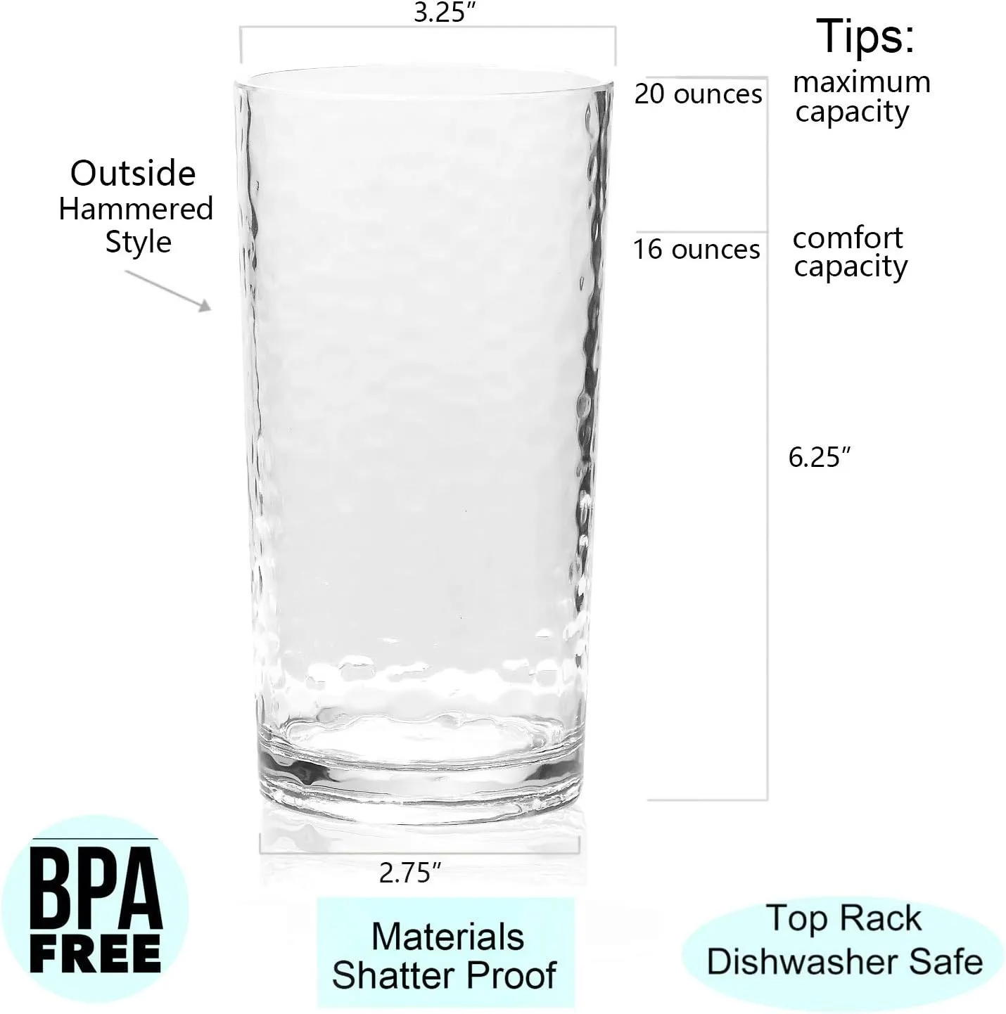 KX-WARE 14-ounce and 20-ounce Acrylic Glasses Plastic Tumbler, set of 8 Clear - Hammered Style, Dishwasher Safe, BPA Free