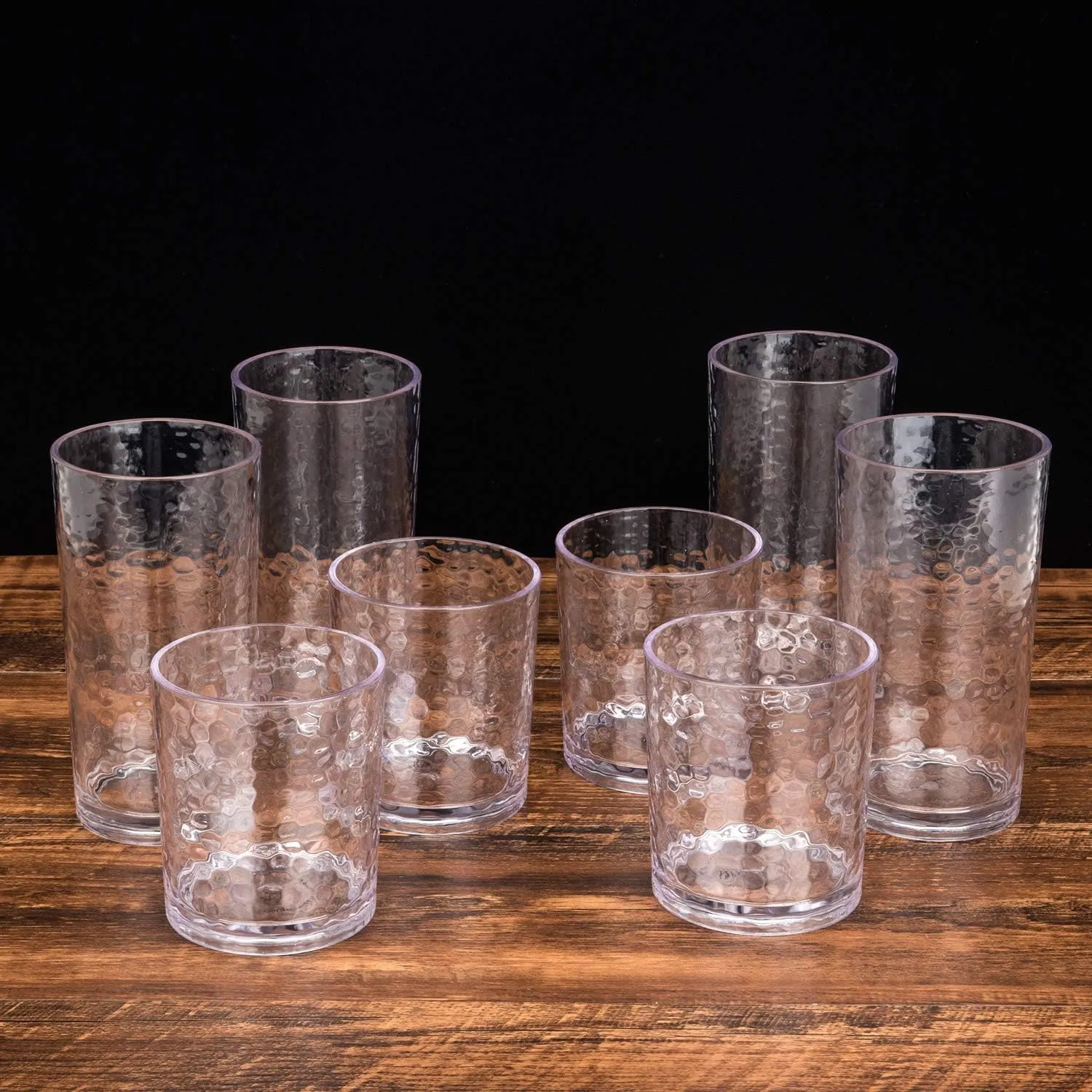 KX-WARE 14-ounce and 20-ounce Acrylic Glasses Plastic Tumbler, set of 8 Clear - Hammered Style, Dishwasher Safe, BPA Free