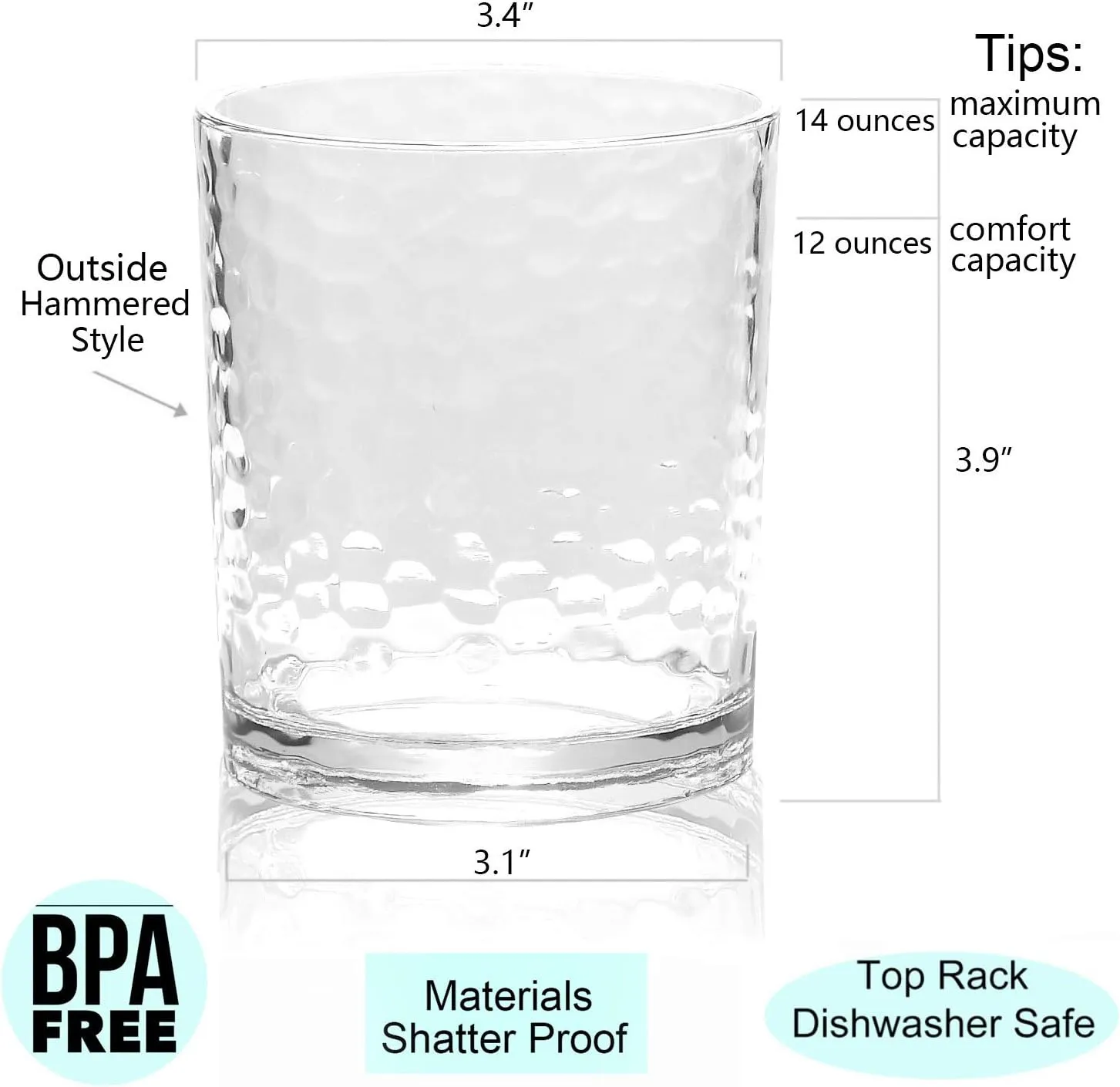 KX-WARE 14-ounce and 20-ounce Acrylic Glasses Plastic Tumbler, set of 8 Clear - Hammered Style, Dishwasher Safe, BPA Free