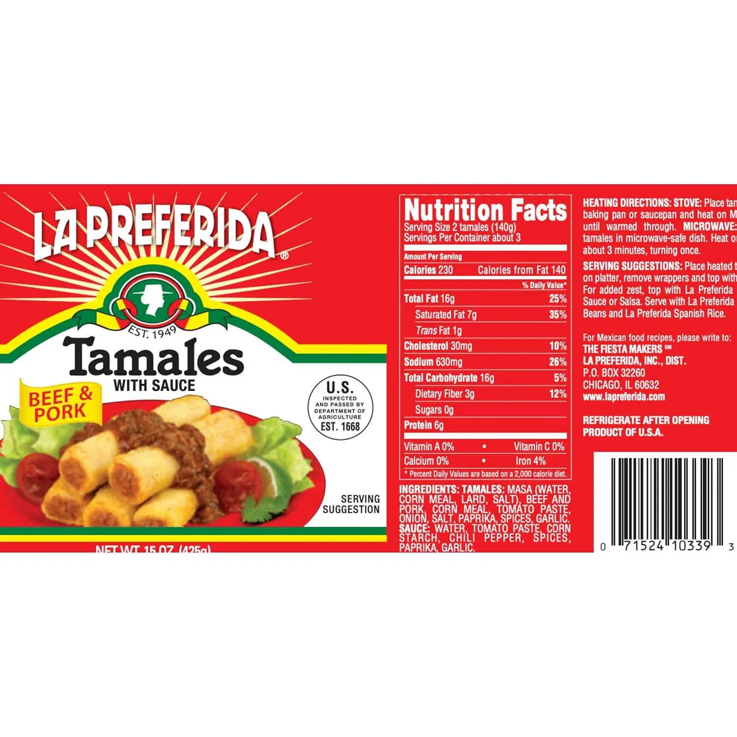 La Preferida Beef & Pork Canned Tamales with Sauce, 15 oz. (Pack of 12)