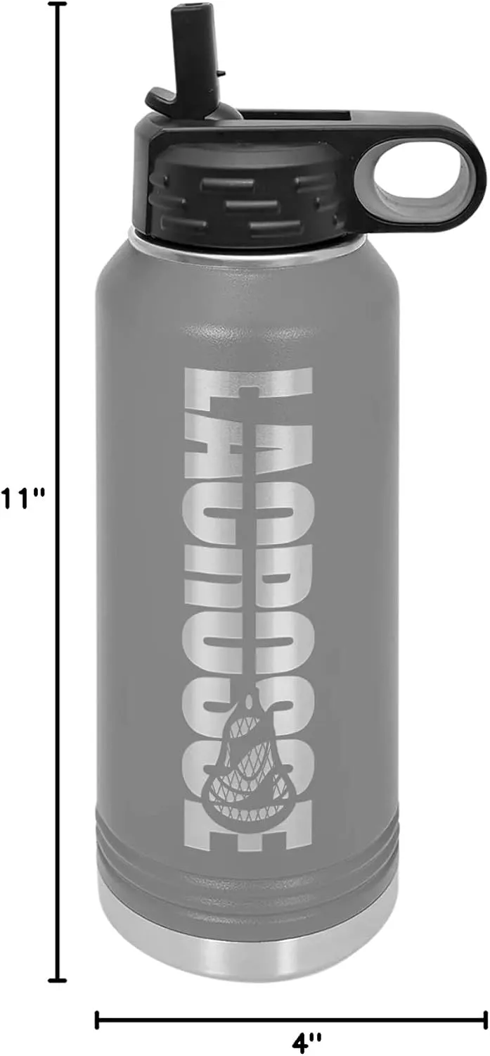 Lacrosse Water Bottle - Lacrosse Gift - 32oz Insulated Engraved Stainless Steel Flip Top with Straw Pewter