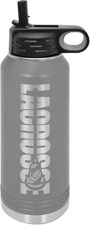 Lacrosse Water Bottle - Lacrosse Gift - 32oz Insulated Engraved Stainless Steel Flip Top with Straw Pewter