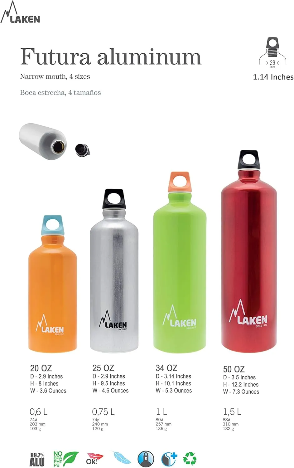 Laken Futura Aluminum Water Bottle - Narrow Mouth, Screw Cap with Loop - Leak-Proof, BPA Free, Made in Spain - 20oz, Yellow