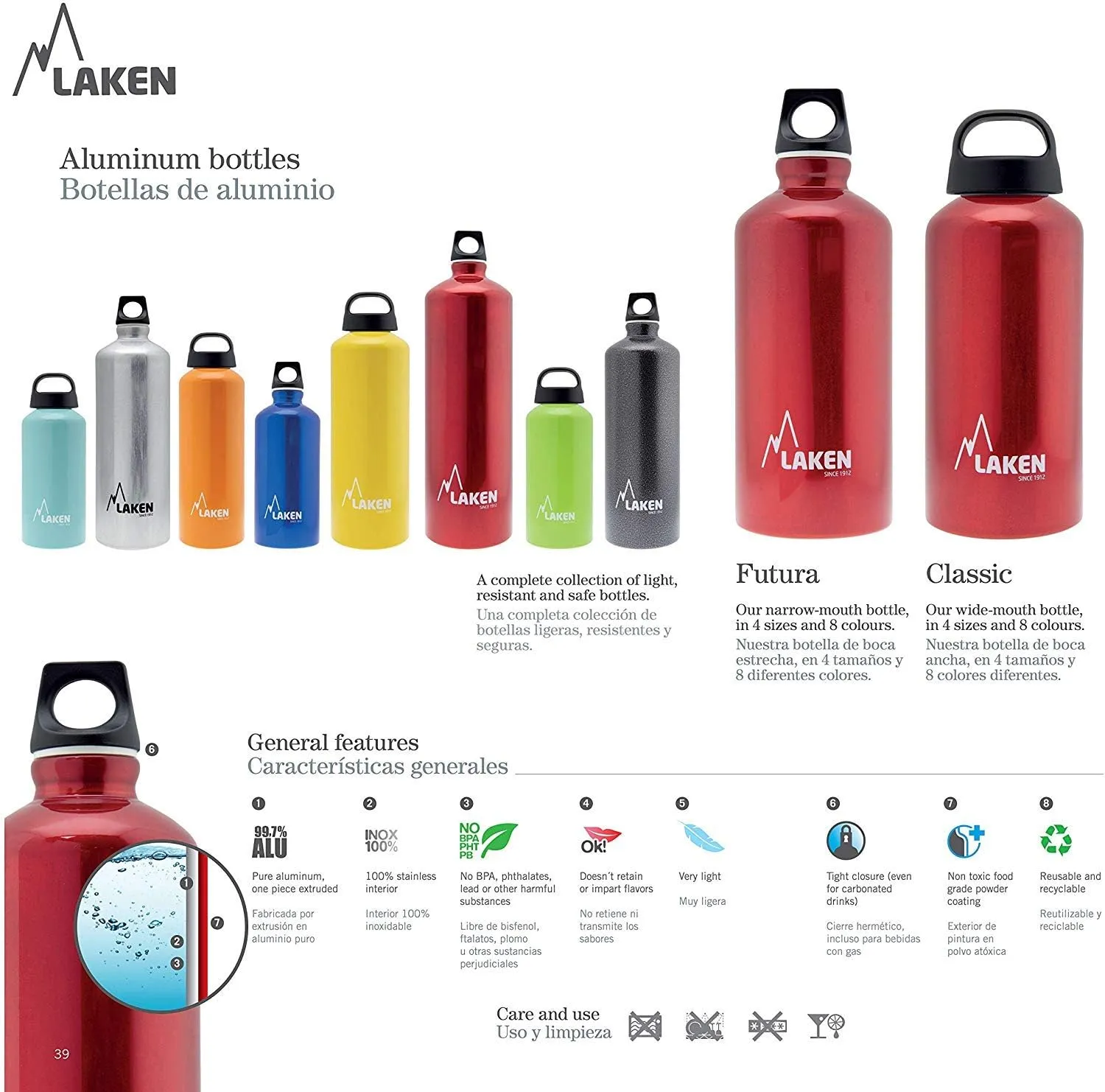 Laken Futura Aluminum Water Bottle - Narrow Mouth, Screw Cap with Loop - Leak-Proof, BPA Free, Made in Spain - 20oz, Yellow