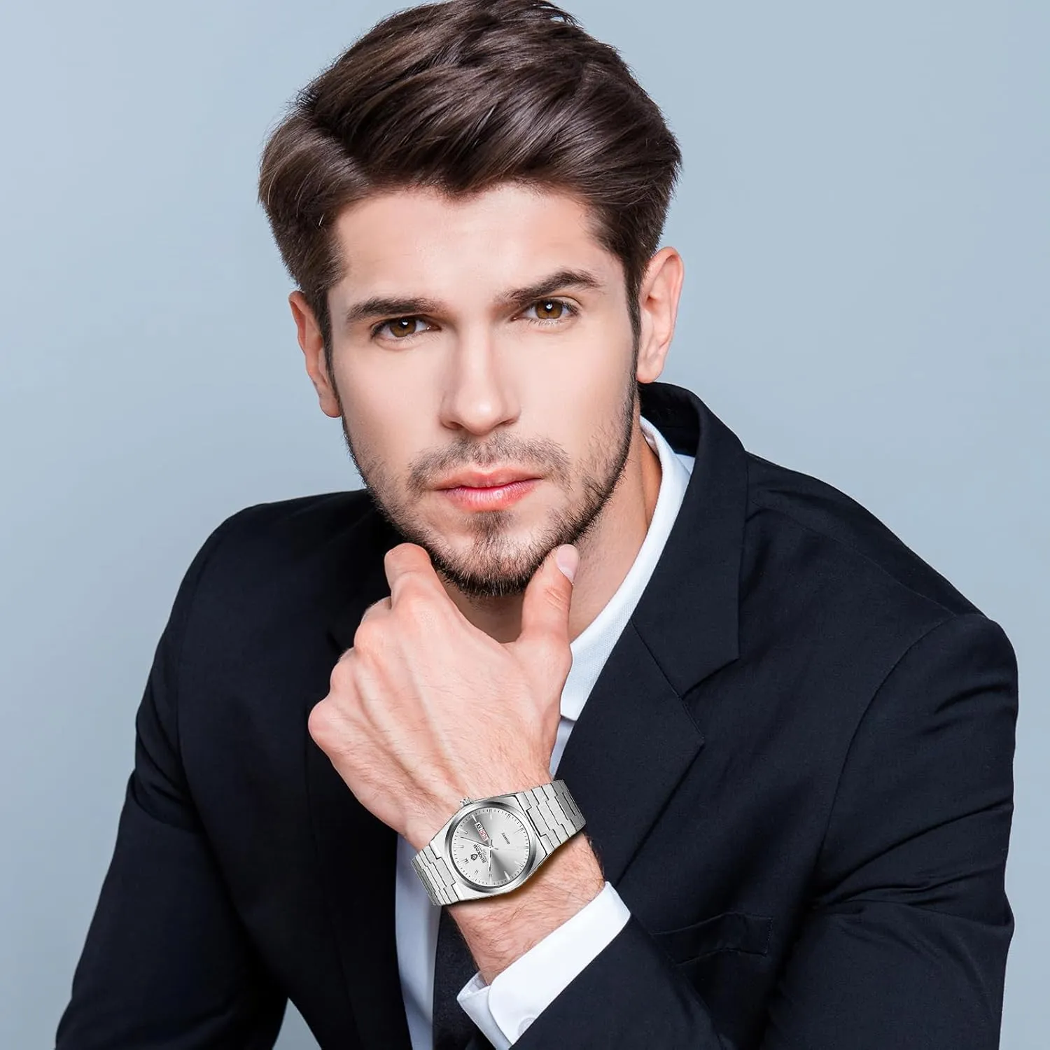 Lancardo Luxury Mens Quratz Watch: Round Face Day Calendar Luminous Hands Removable Gold Tone Stainless Steel Strap