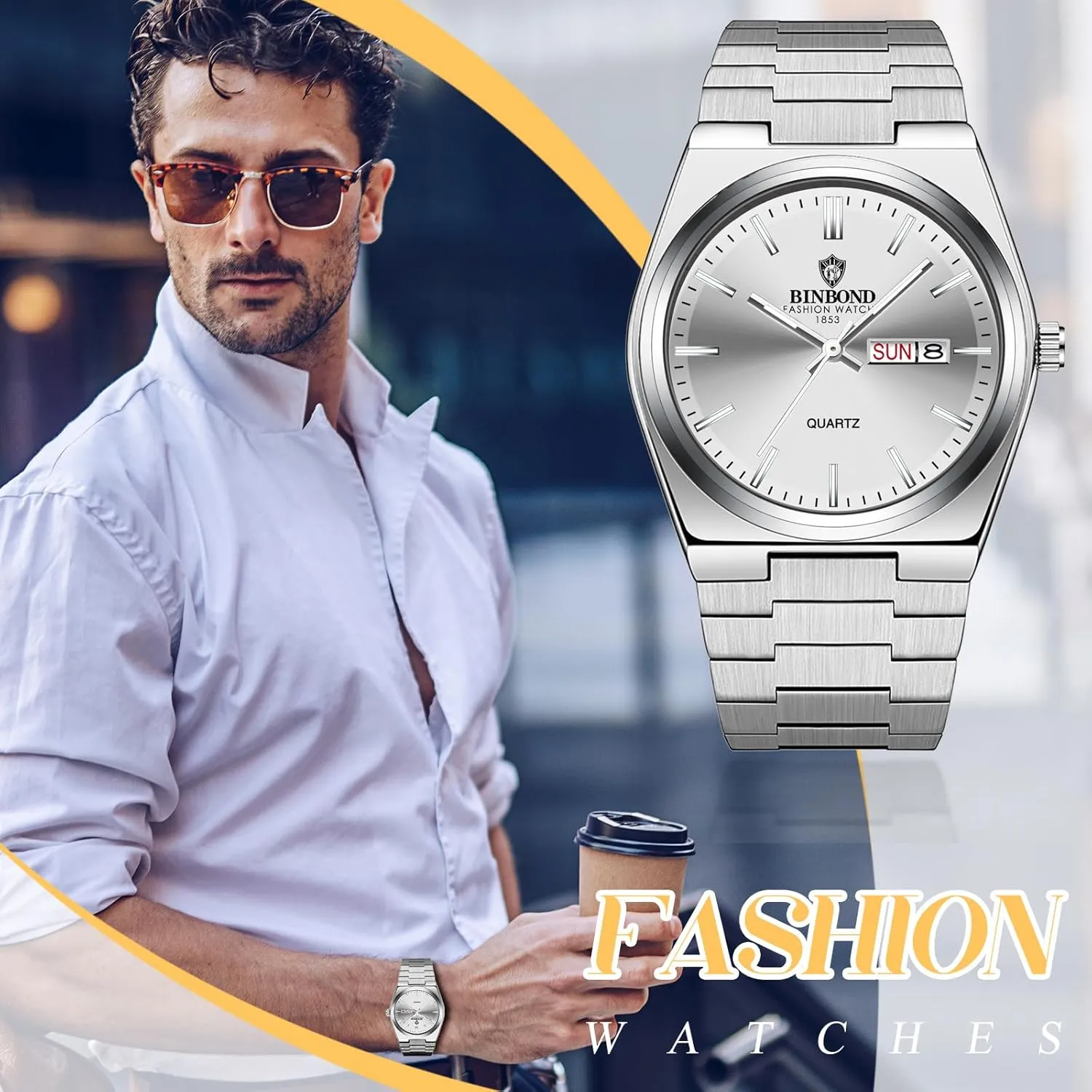 Lancardo Luxury Mens Quratz Watch: Round Face Day Calendar Luminous Hands Removable Gold Tone Stainless Steel Strap