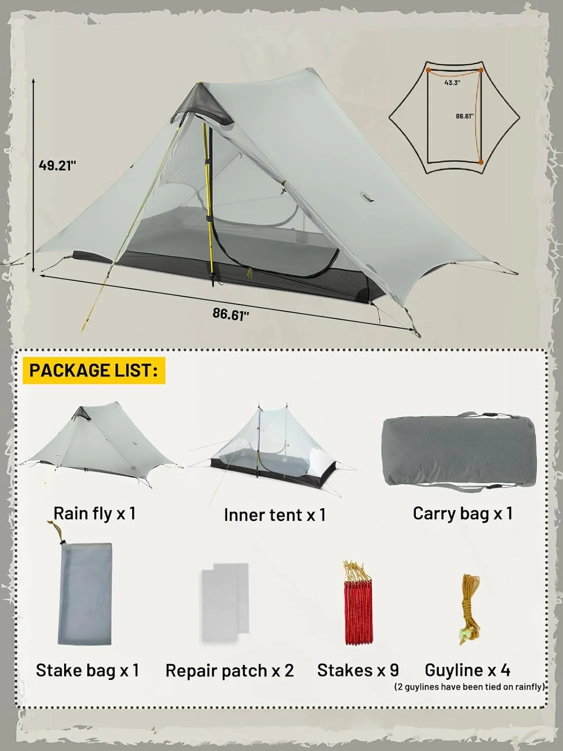 LANSHAN Ultralight Tent 3-Season Backpacking Tent for 1-Person or 2-Person Camping, Trekking, Kayaking, Climbing, Hiking