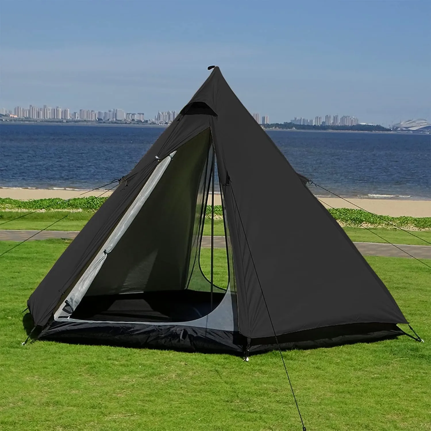 Large Space Pyramid Teepee Tent Ultralight Family Camping Tent Windproof Outdoor Teepee Tent for Adults 4 Person Double Layer Tent