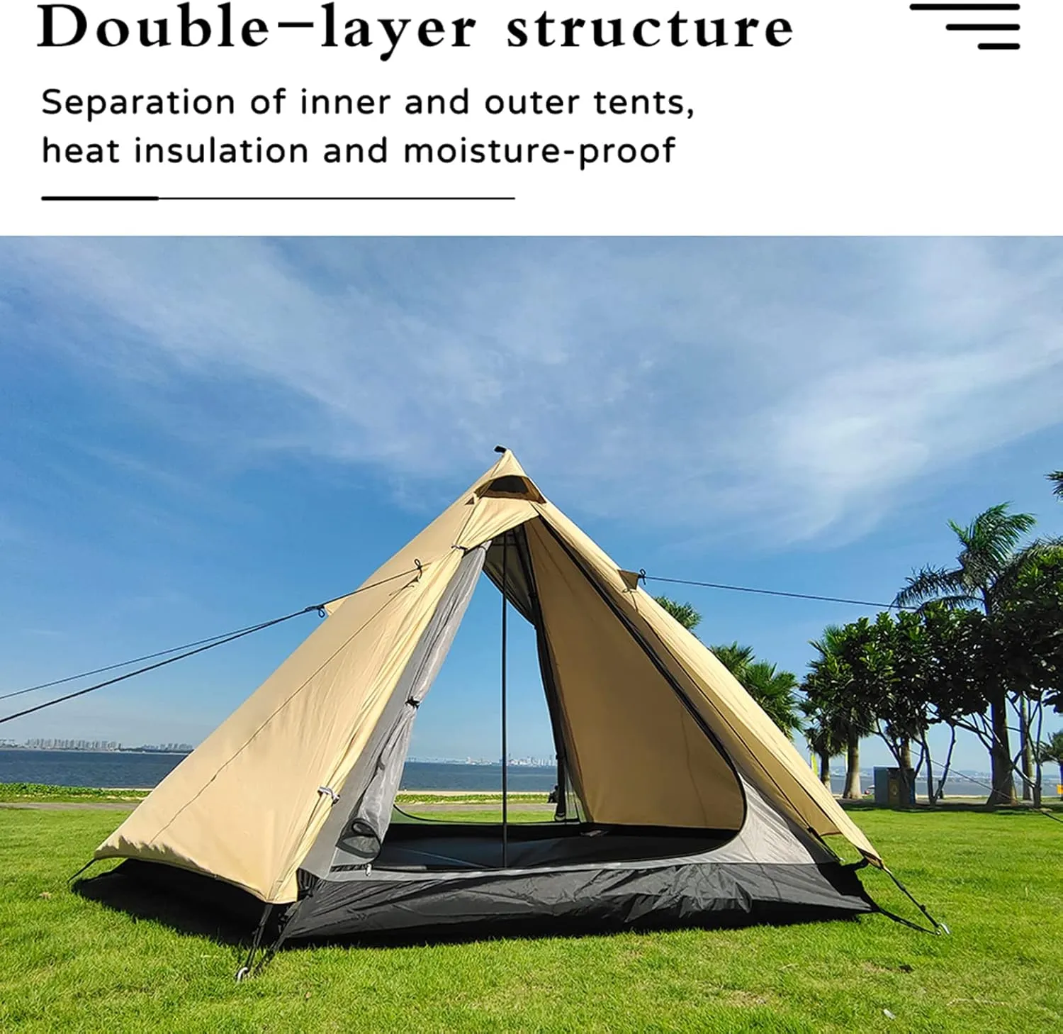 Large Space Pyramid Teepee Tent Ultralight Family Camping Tent Windproof Outdoor Teepee Tent for Adults 4 Person Double Layer Tent