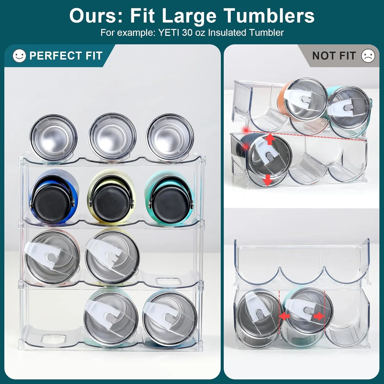 LARGER Compartment - Stackable Water Bottle Organizer Holder - for Stanley & Others' Large Tumbler - Clear Wine Rack, Cup Bottle Holder for Cabinet Home Countertop Fridge Pantry Shelf, 4 Tier Hold 12