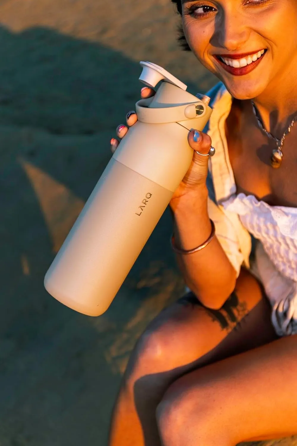 LARQ Bottle Swig Top 34oz - Insulated Reusable Stainless Steel Water Bottle With Built-In Silicone Handle | Thermos, BPA Free | For Sports, Gym, and Travel | Mojave Dune