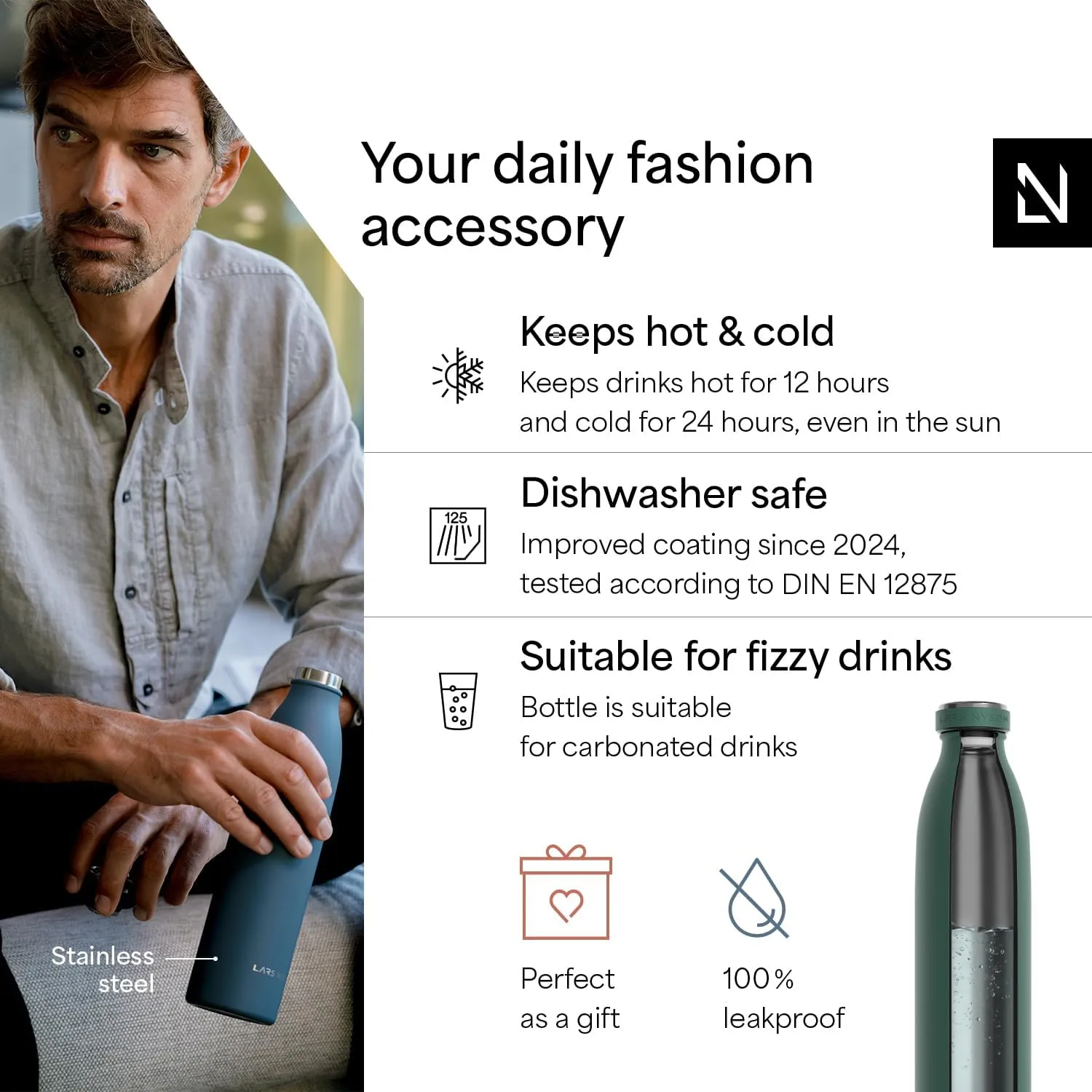 LARS NYSØM Stainless Steel Insulated Water Bottle 12oz 17oz 25oz 34oz 51oz | Insulated Thermo Flask for Hot and Cold Beverages | Leakproof Drinking Bottle (Pine Green, 17oz)