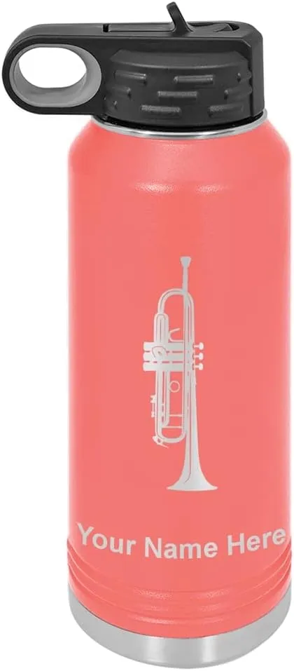 LaserGram Personalized Water Bottle, Trumpet, Stainless Steel Double Wall Vacuum Insulated with Flip Top Straw, Custom Engraved Gift (40oz / 1180ml Coral)