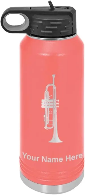 LaserGram Personalized Water Bottle, Trumpet, Stainless Steel Double Wall Vacuum Insulated with Flip Top Straw, Custom Engraved Gift (40oz / 1180ml Coral)