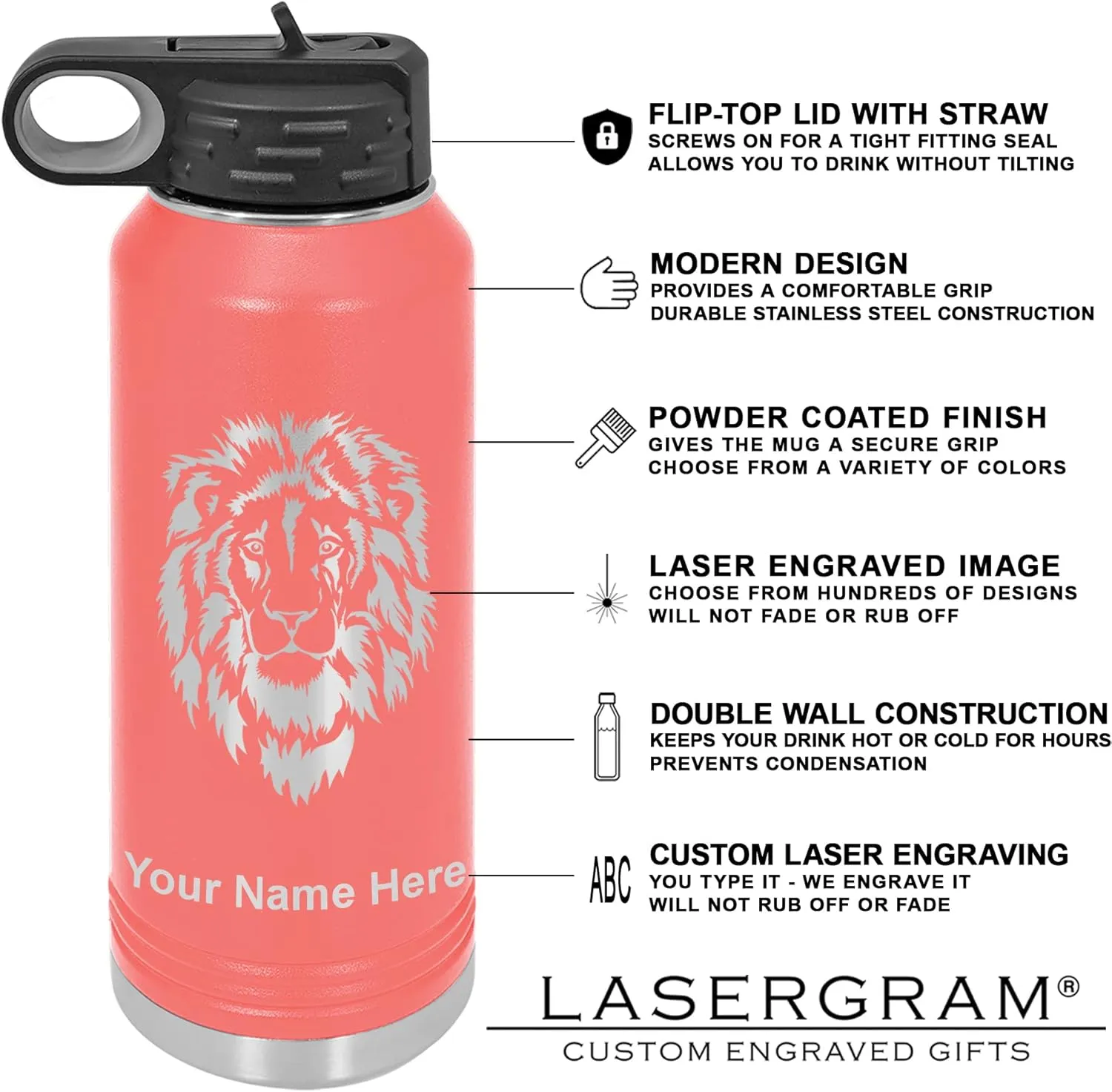 LaserGram Personalized Water Bottle, Trumpet, Stainless Steel Double Wall Vacuum Insulated with Flip Top Straw, Custom Engraved Gift (40oz / 1180ml Coral)