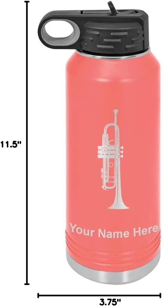 LaserGram Personalized Water Bottle, Trumpet, Stainless Steel Double Wall Vacuum Insulated with Flip Top Straw, Custom Engraved Gift (40oz / 1180ml Coral)