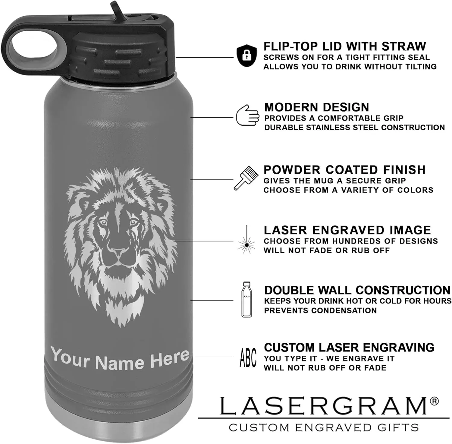 LaserGram Personalized Water Bottle, Trumpet, Stainless Steel Double Wall Vacuum Insulated with Flip Top Straw, Custom Engraved Gift (40oz / 1180ml Gray)