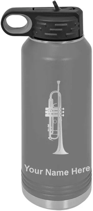 LaserGram Personalized Water Bottle, Trumpet, Stainless Steel Double Wall Vacuum Insulated with Flip Top Straw, Custom Engraved Gift (40oz / 1180ml Gray)