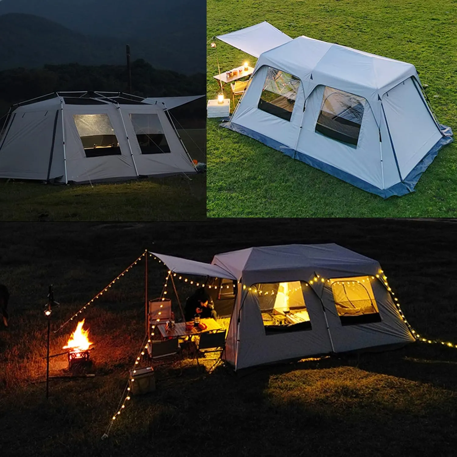 Layer Double Camping Tent 12 Person, Family Cabin Tents, 2 Rooms, Straight Wall, 3 Doors and 3 Window with Mesh, Waterproof, Big Tent for Outdoor, Picnic, Friends Gathering
