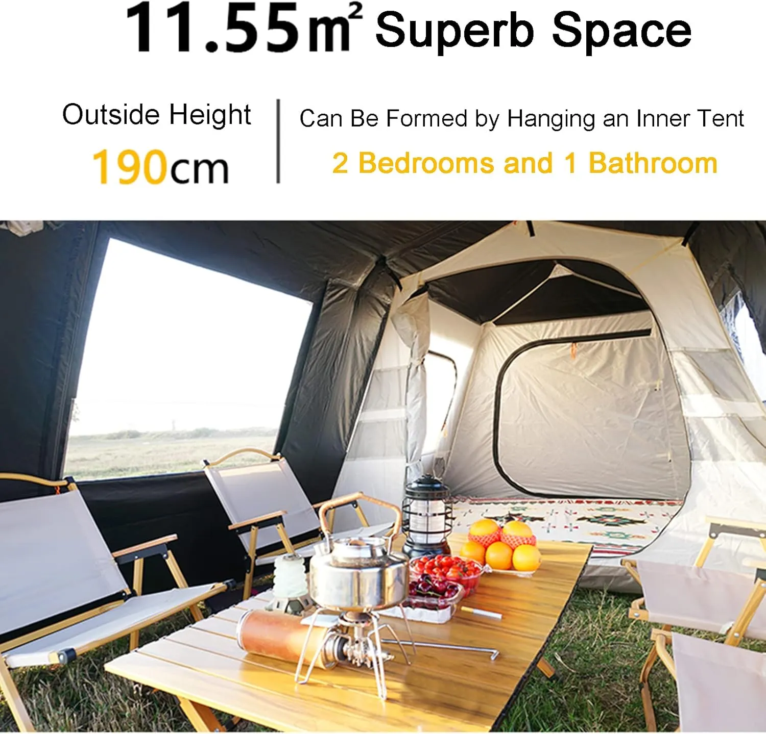 Layer Double Camping Tent 12 Person, Family Cabin Tents, 2 Rooms, Straight Wall, 3 Doors and 3 Window with Mesh, Waterproof, Big Tent for Outdoor, Picnic, Friends Gathering