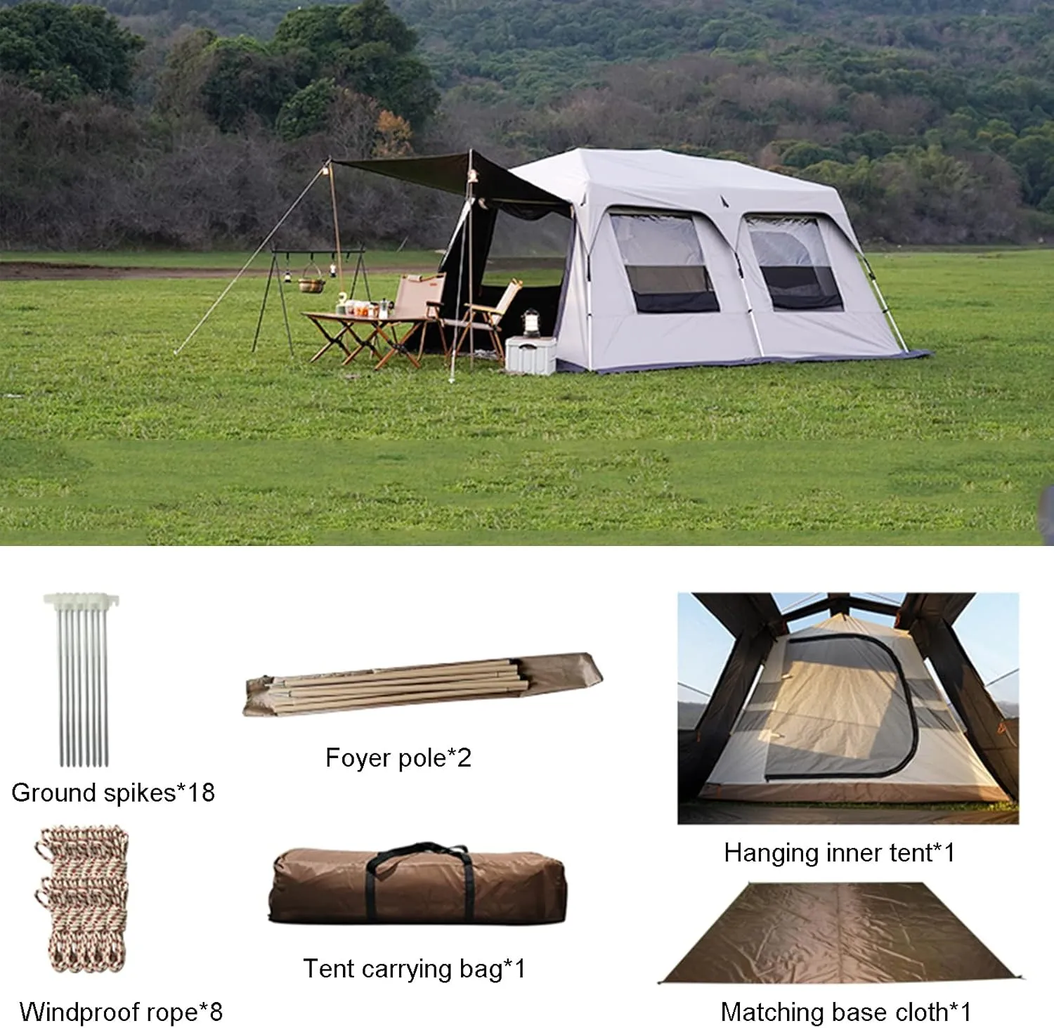Layer Double Camping Tent 12 Person, Family Cabin Tents, 2 Rooms, Straight Wall, 3 Doors and 3 Window with Mesh, Waterproof, Big Tent for Outdoor, Picnic, Friends Gathering