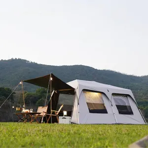Layer Double Camping Tent 12 Person, Family Cabin Tents, 2 Rooms, Straight Wall, 3 Doors and 3 Window with Mesh, Waterproof, Big Tent for Outdoor, Picnic, Friends Gathering
