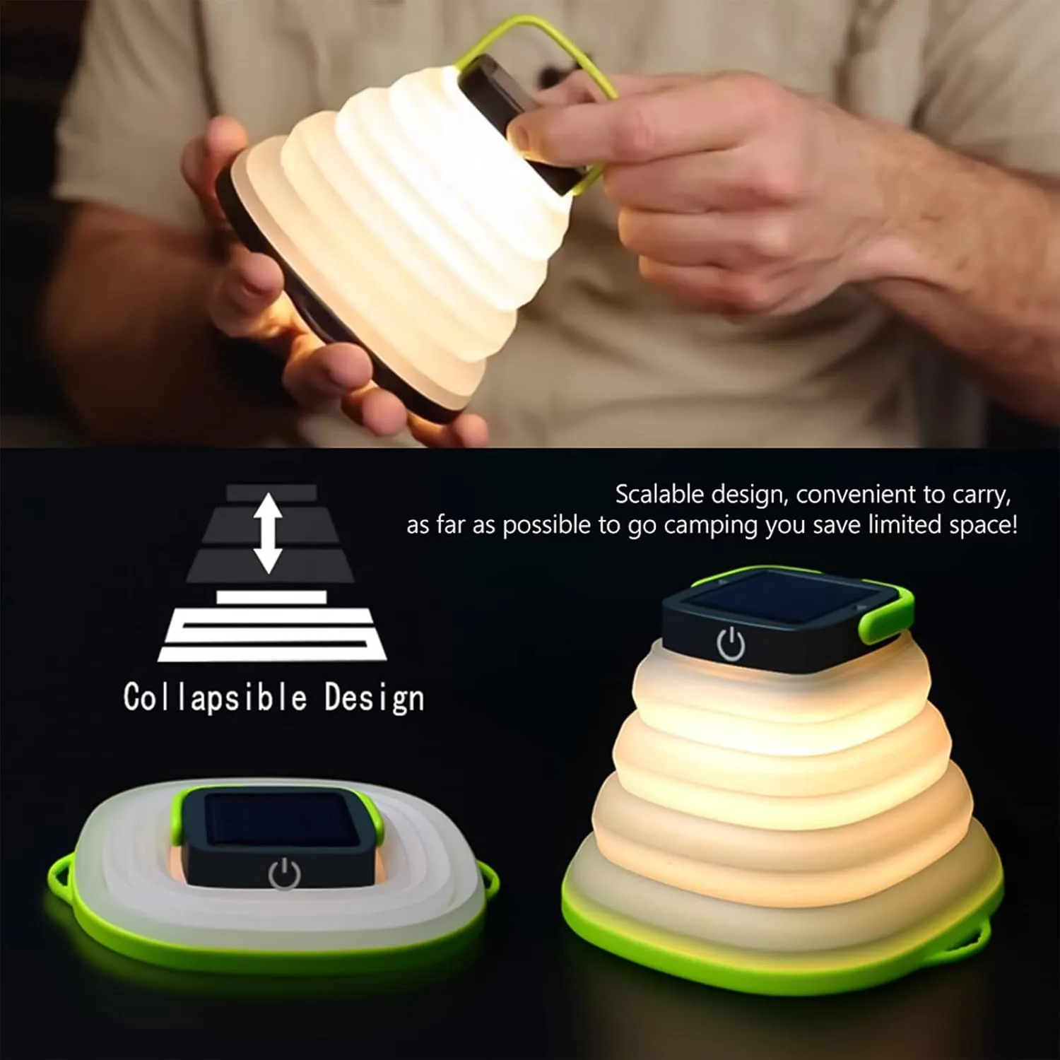 LED Camping Lantern, Collapsible Camping Lamp Rechargeable USB & Solar Powered Outdoor Lights for Camping, Hiking, Backpacking(Green)