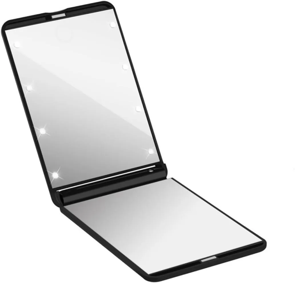 Led Makeup Led Lights Portable Double-Sided Vanity Mirror for Travel Compact Folding Design Rotation for Easy Viewing Black
