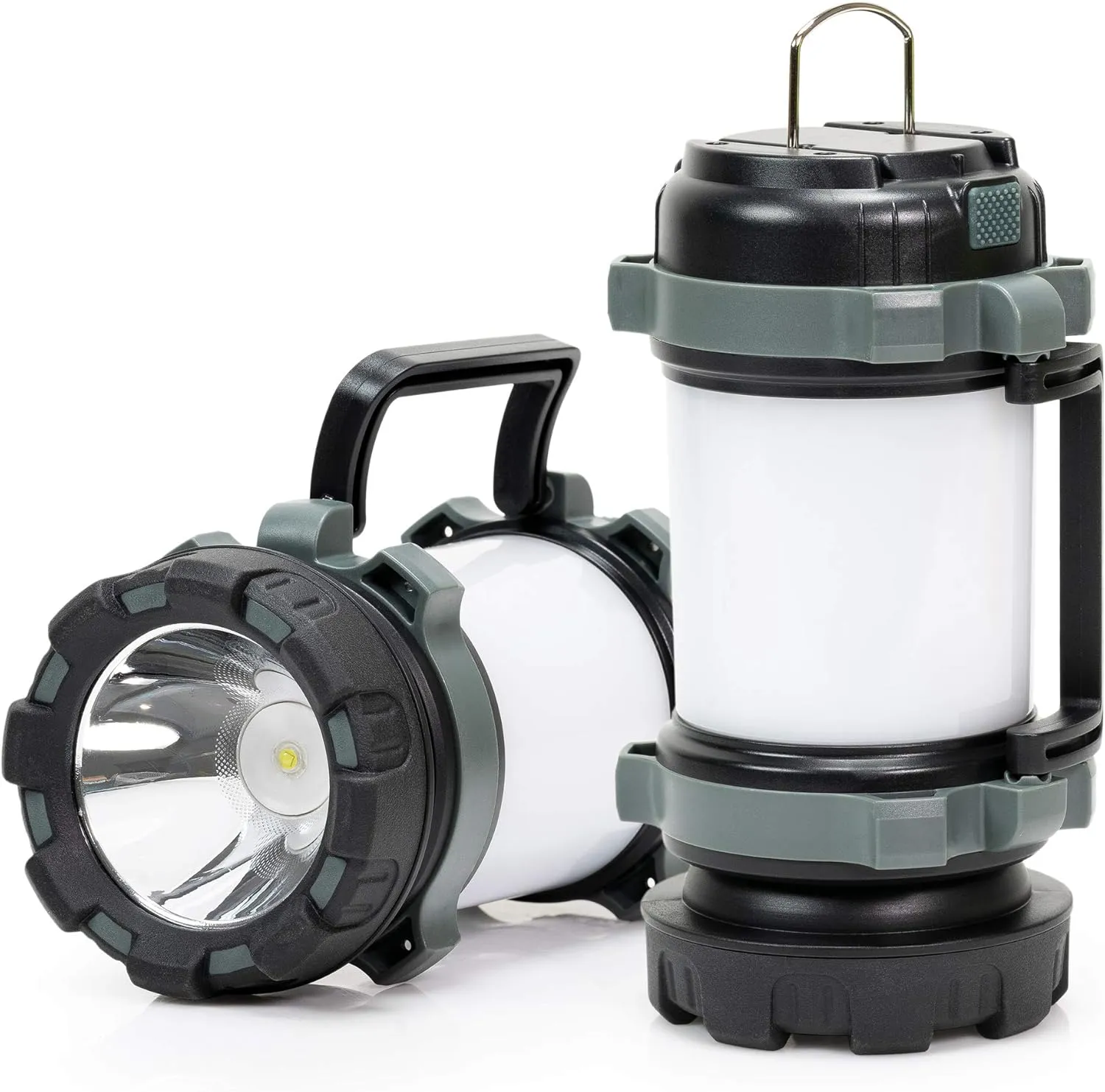 LED Rechargeable Camping Lantern with 6 Brightness Modes - 3000mAh Power Bank Light for Hiking – Water Resistant & Weatherproof Electric Lantern, Flashlight Combination, SOS Light - Grey