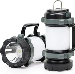 LED Rechargeable Camping Lantern with 6 Brightness Modes - 3000mAh Power Bank Light for Hiking – Water Resistant & Weatherproof Electric Lantern, Flashlight Combination, SOS Light - Grey