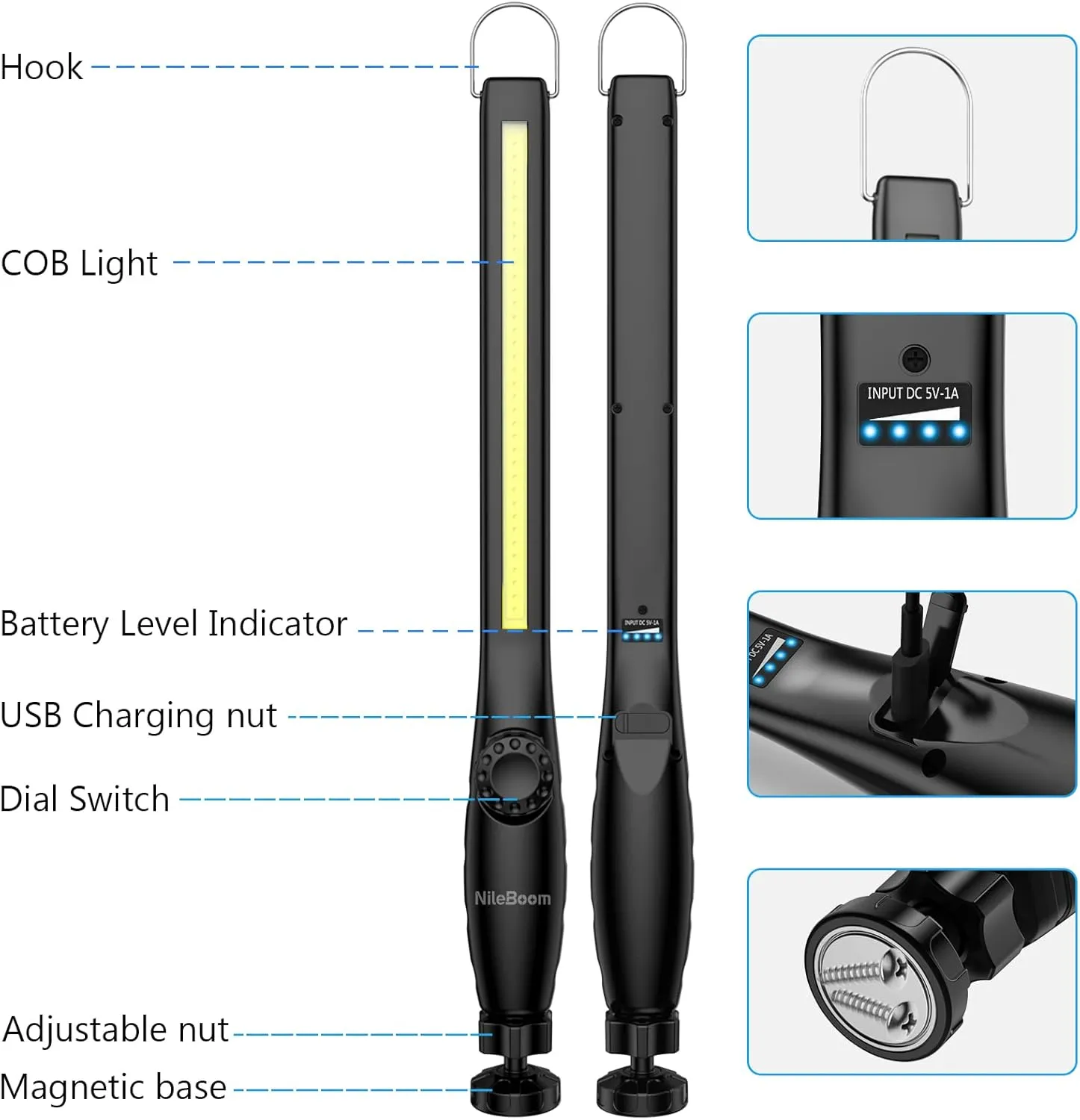 LED Work Light, 800 Lumens Rechargeable COB Work Light with Power Capacity Indicator, Magnetic Base& Hook, 360°Swivel, for Car Repair, Home, Garage, Emergency and Outdoor (4 PACK)