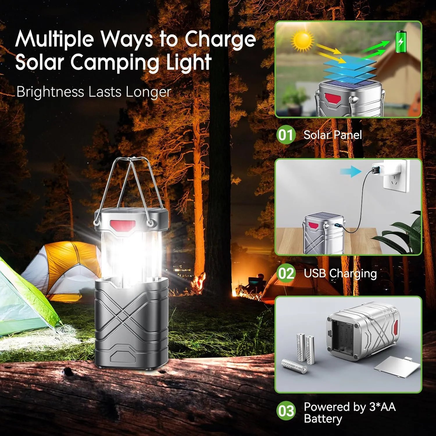 LETMY 2 Pack Camping Lantern, Rechargeable LED Lanterns, Solar Lantern Battery Powered Hurricane Lantern Flashlights with 3 Powered Ways & USB Cable for Emergency, Power Outage, Hurricane Supplies
