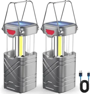LETMY 2 Pack Camping Lantern, Rechargeable LED Lanterns, Solar Lantern Battery Powered Hurricane Lantern Flashlights with 3 Powered Ways & USB Cable for Emergency, Power Outage, Hurricane Supplies