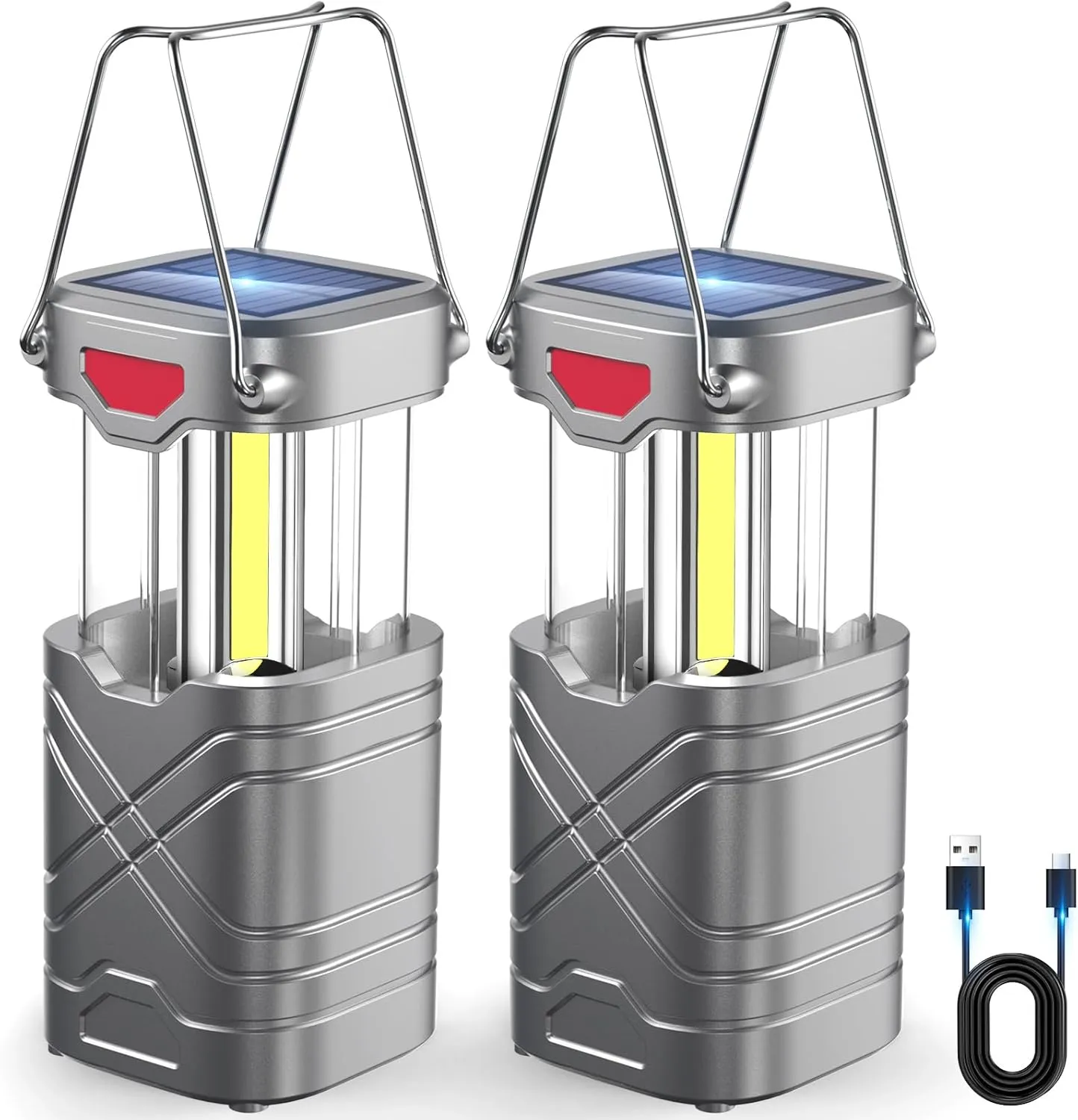 LETMY 2 Pack Camping Lantern, Rechargeable LED Lanterns, Solar Lantern Battery Powered Hurricane Lantern Flashlights with 3 Powered Ways & USB Cable for Emergency, Power Outage, Hurricane Supplies