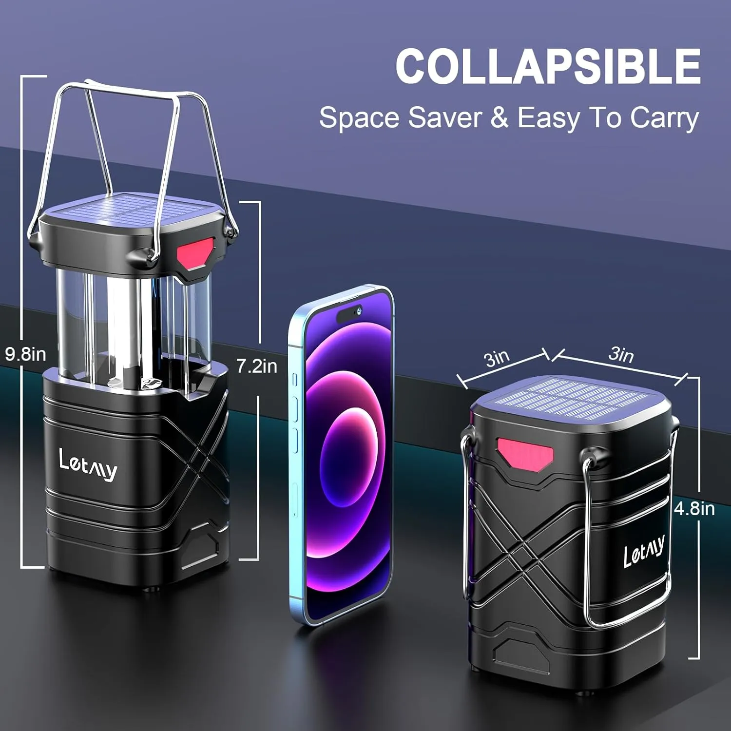 LETMY 4 Pack Camping Lantern, Rechargeable LED Lanterns, Solar Lantern Battery Powered Hurricane Lanterns Flashlight with 3 Powered Ways & USB Cable for Emergency, Power Outage, Hurricane Supplies