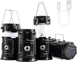 Lichamp Collapsible Portable Solar Camping Lantern, USB Rechargeable LED Flashlight - Survival Kits for Power Outages Hurricane Supplies Emergency, Indoor & Outdoor, 4-Pack