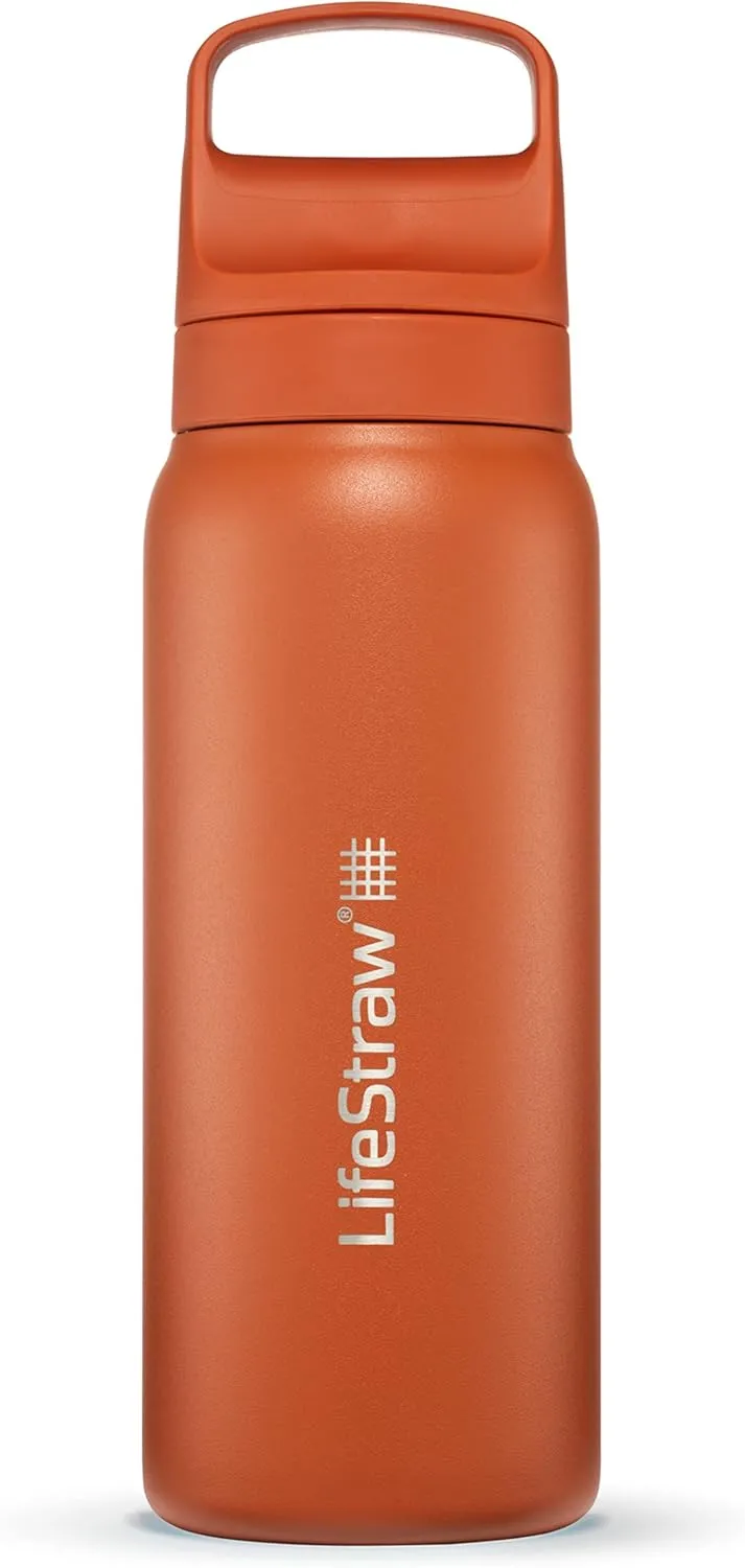 LifeStraw Go Series — Insulated Stainless Steel Water Filter Bottle for Travel and Everyday Use Removes Bacteria, Parasites and Microplastics, Improves Taste, 24oz Kyoto Orange