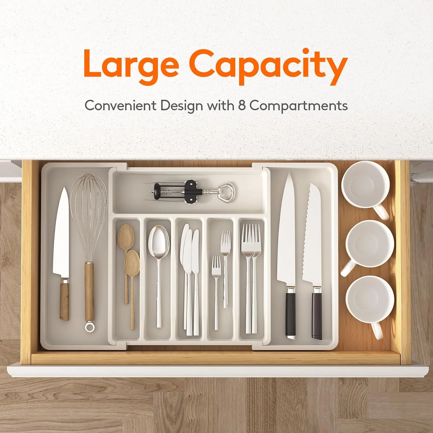 Lifewit Silverware Drawer Organizer, Expandable Utensil Tray for Kitchen, BPA Free Flatware and Cutlery Holder, Adjustable Plastic Storage for Spoons Forks Knives, 2 Pack, White