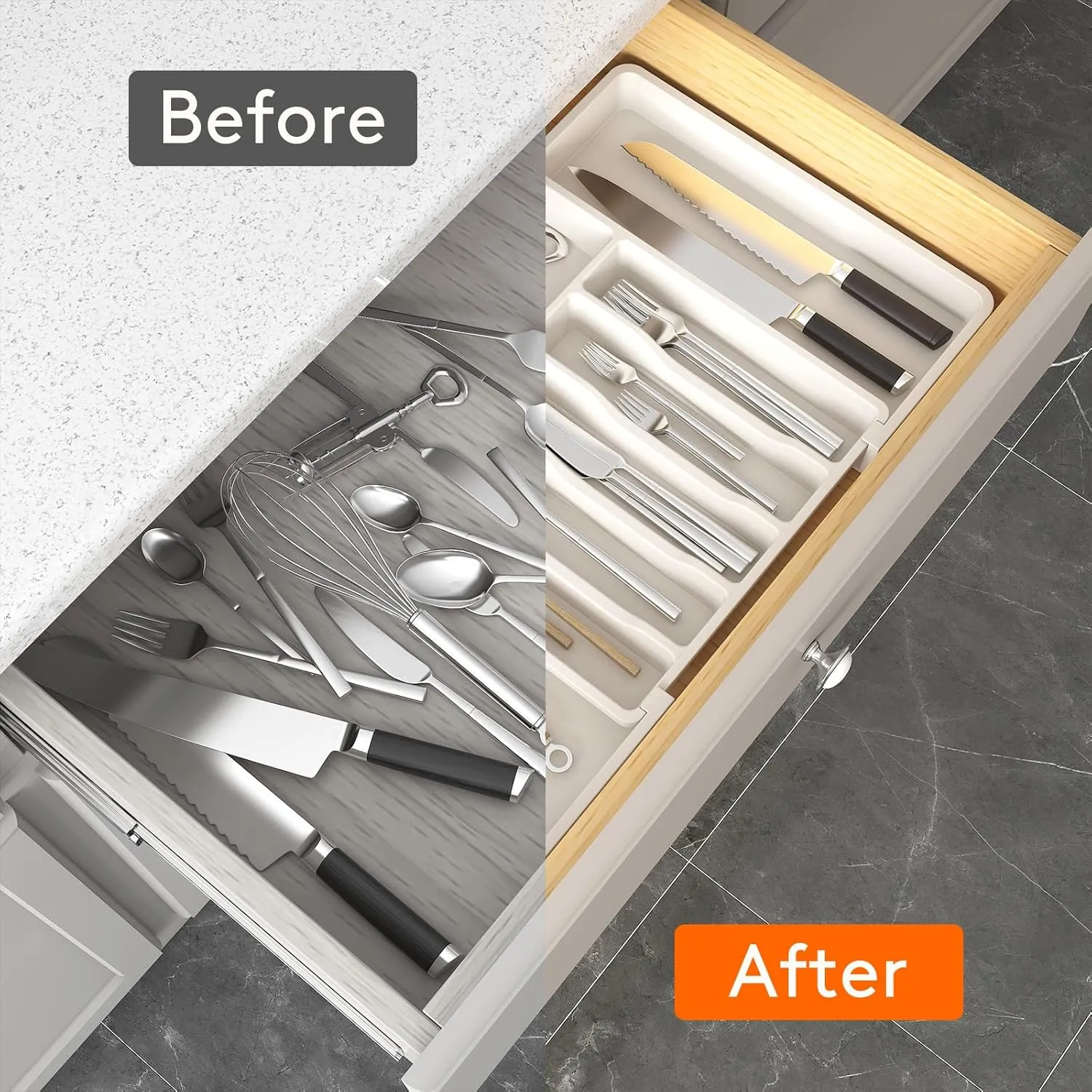 Lifewit Silverware Drawer Organizer, Expandable Utensil Tray for Kitchen, BPA Free Flatware and Cutlery Holder, Adjustable Plastic Storage for Spoons Forks Knives, 2 Pack, White