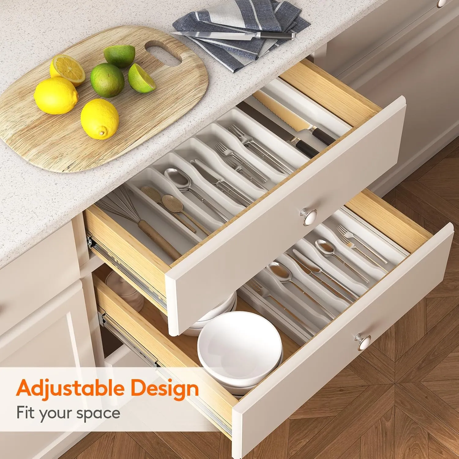 Lifewit Silverware Drawer Organizer, Expandable Utensil Tray for Kitchen, BPA Free Flatware and Cutlery Holder, Adjustable Plastic Storage for Spoons Forks Knives, 2 Pack, White