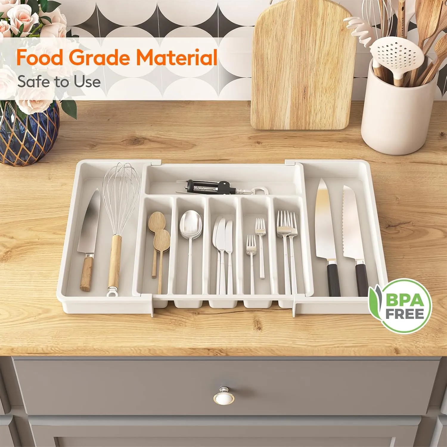 Lifewit Silverware Drawer Organizer, Expandable Utensil Tray for Kitchen, BPA Free Flatware and Cutlery Holder, Adjustable Plastic Storage for Spoons Forks Knives, 2 Pack, White