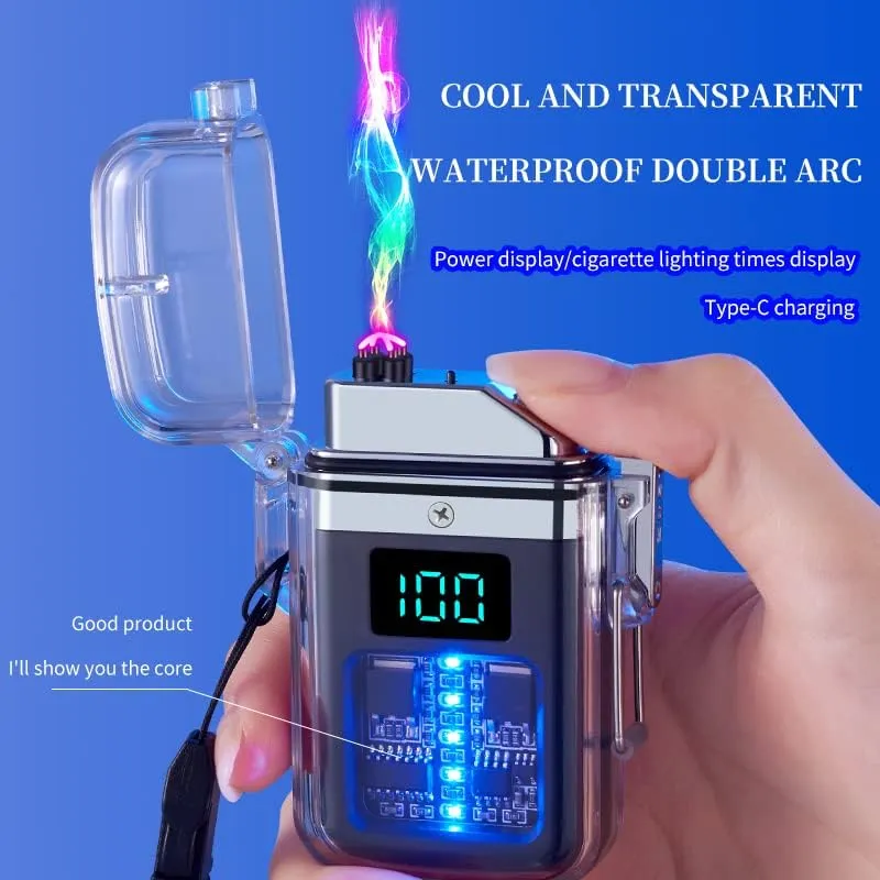 Lighters, Dual Arc Electric Lighter USB Rechargeable Lighter Windproof Lighter Flameless Plasma Lighter with Battery Indicator for Fire, Cigarette, Candle - Outdoors Indoors (Black)