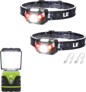 Lighting EVER Bundle - 2 Items: 2 Pack LED Headlamp Rechargeable for Running Camping Hiking & 1 Pack Waterproof LED Camping Lantern Battery Powered LED with 1000LM