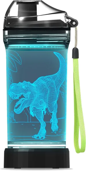Lightzz Kids Water Bottle with 3D Glowing Dinosaur LED Light - 14 OZ Tritan BPA Free - Creative Ideal Travel Cup Dinosaur Gift for School Kid Boy Child Holiday Camping Picnic